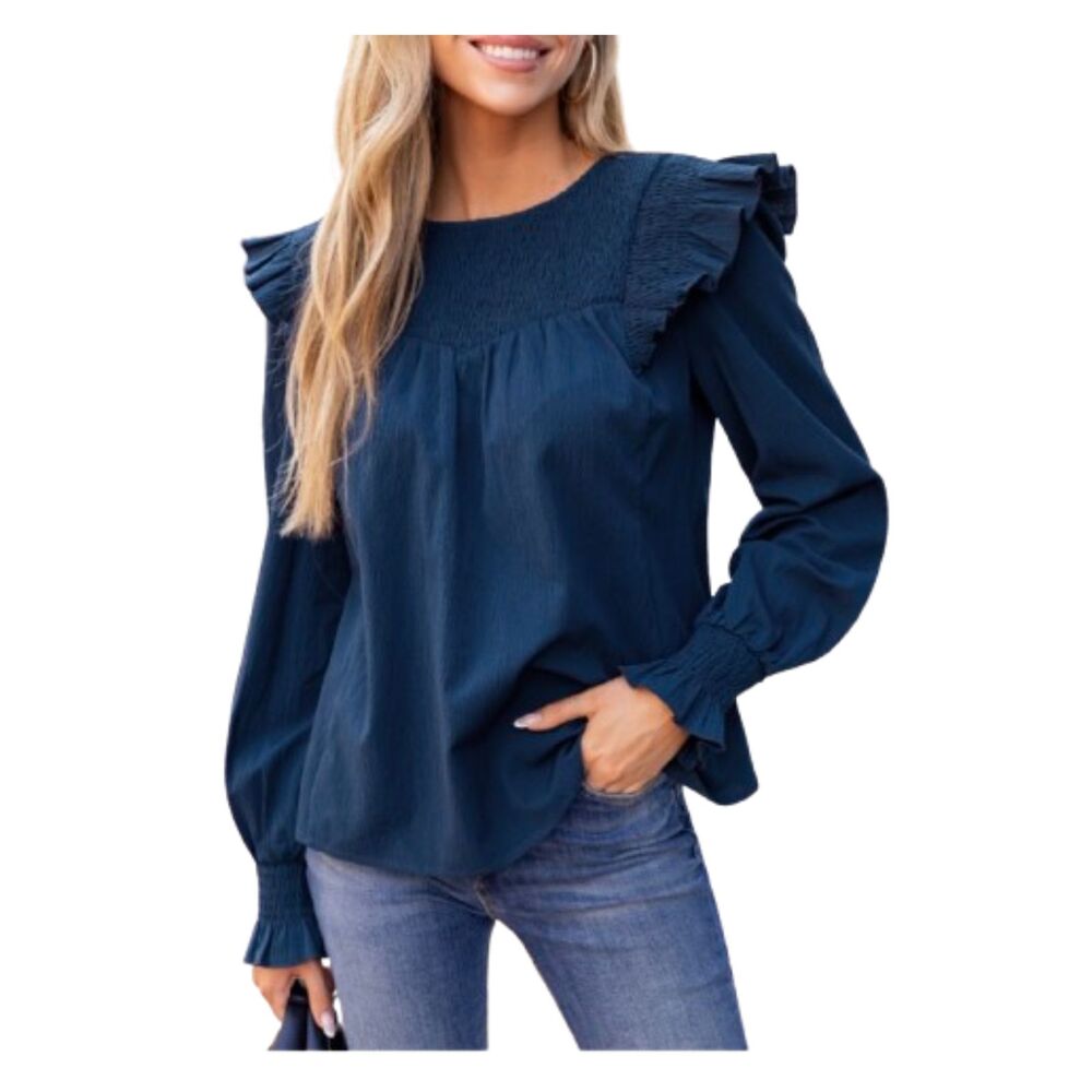 Cupshe Blue Ruffled Shoulder Blouson Long Sleeve Top Size L NWT